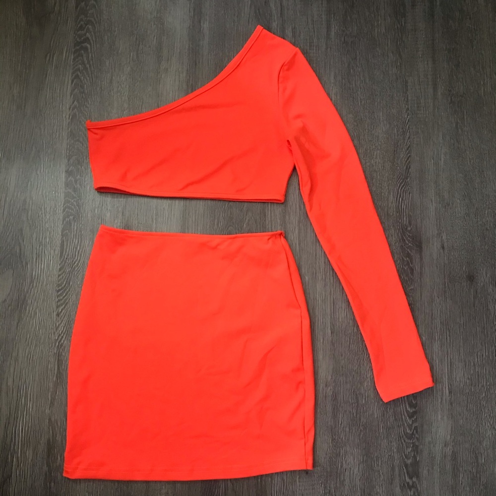 Neon Orange Mini Skirt Two Piece Set